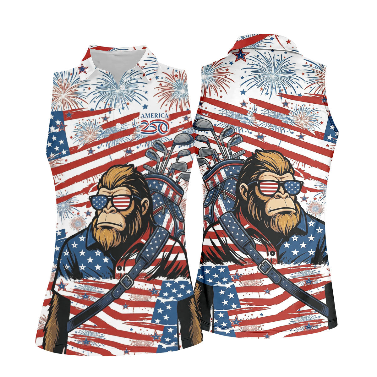 Red White Blue Stars And Stripes 250 Years Bigfoot Golf Shirt, Patriotic 4th Of July Golf Shirt For Women