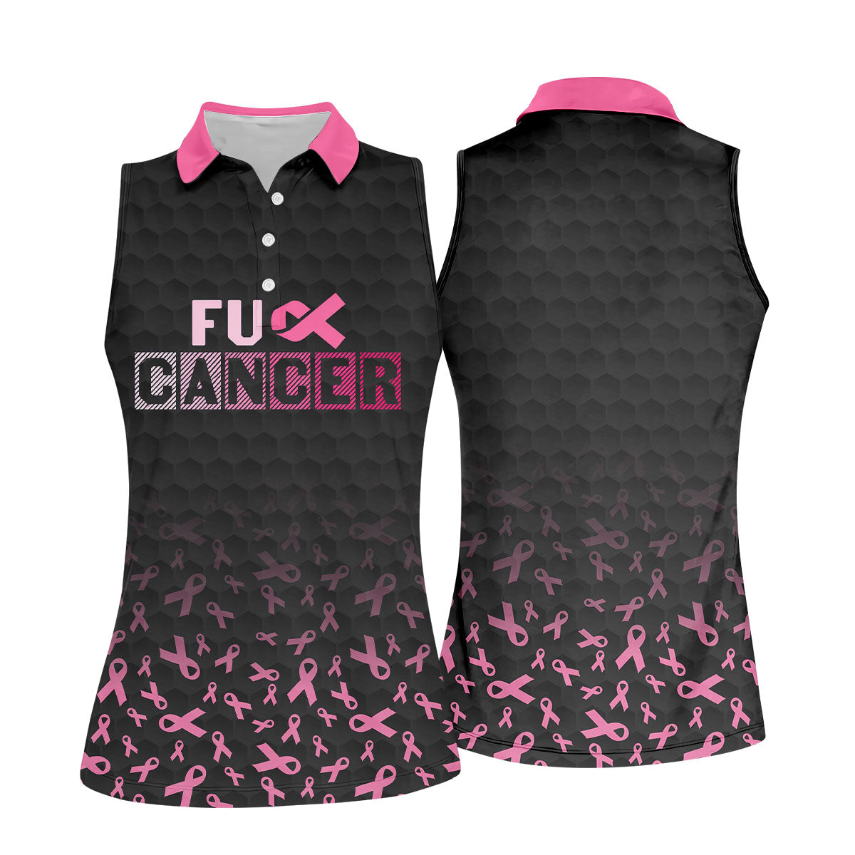 Fuck Cancer Black Pink Ribbon Breast Cancer Polo Shirt, Women's Golf Tops, Ladies Golf Top