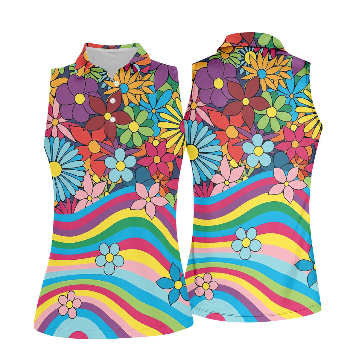 Retro Rainbow Floral Hippie Hawaiian Golf Shirt, Golf Shirts For Women, Women’s Golf Apparel