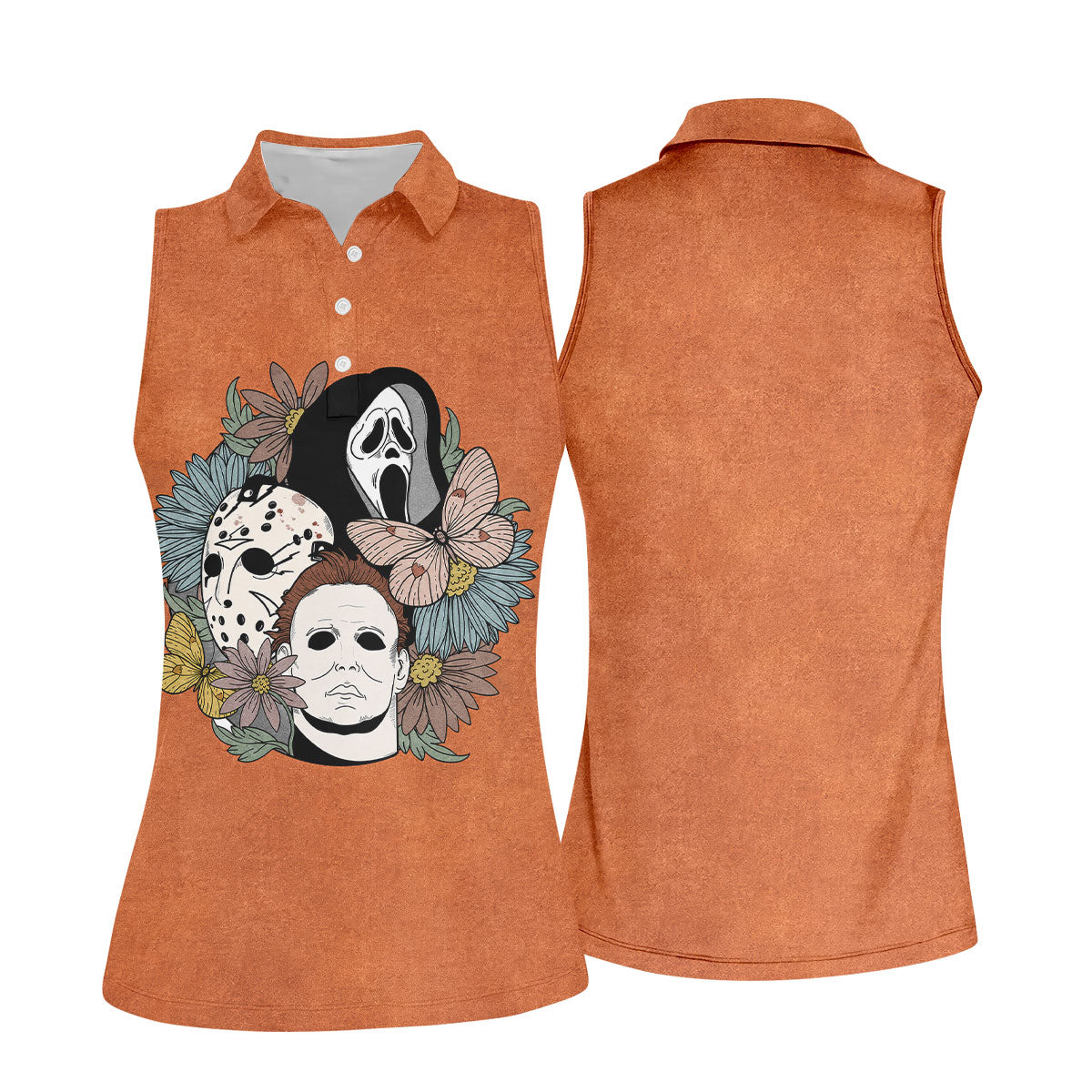 Floral Horror Mask Trio Halloween Golf Polo Shirt, Golf Tops For Women, Printed Golf Shirt