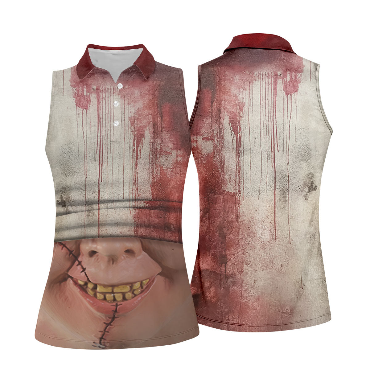 Stitched Face Horror Character Halloween Polo Shirt, Women’s Golf Polo, Ladies Golf Tops