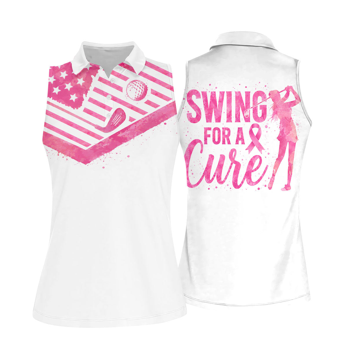 Swing For A Cure Pink Flag Breast Cancer Polo Shirt, Women’s Golf Polo, Ladies Golf Shirts