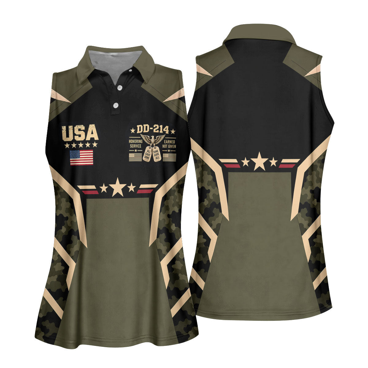 DD-214 USA Stars Camo Golf Polo Shirt, Womens Golf Shirts, Veterans Day Golf Shirt