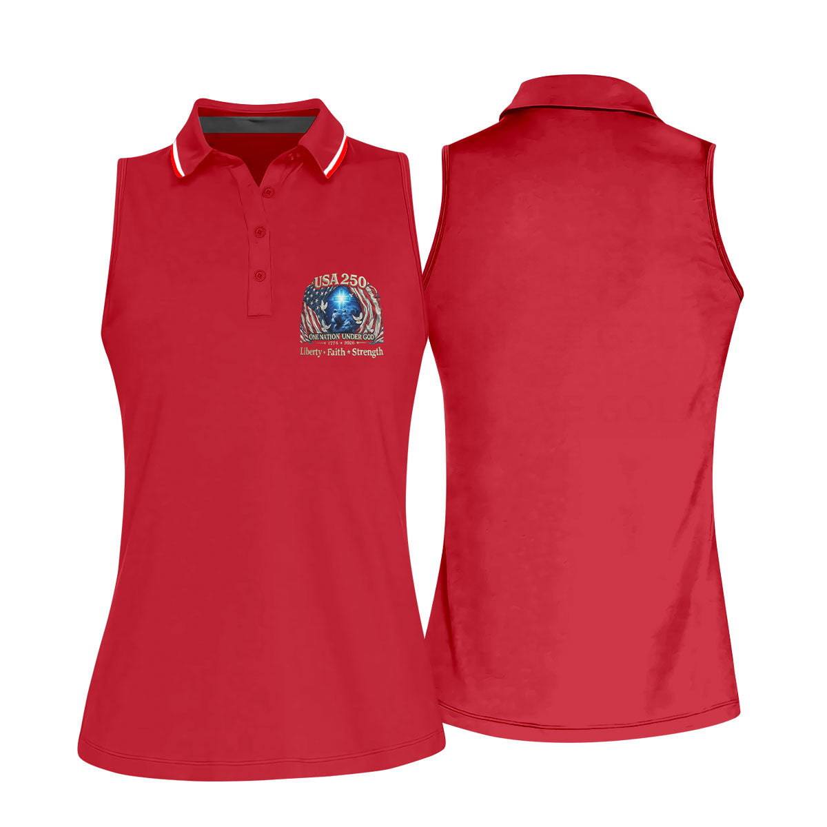 One Nation Under God Faith Cross USA 250 Logo Red Golf Shirt, 4th Of July Golf Shirt For Women