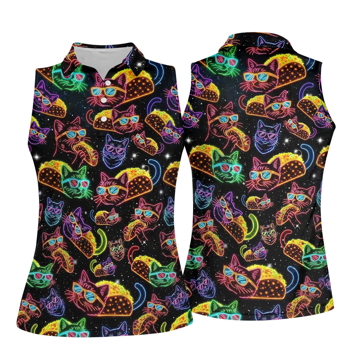 Neon Cat Taco Fiesta Time Hawaiian Golf Shirt, Cinco De Mayo Celebration Golf Shirt For Women