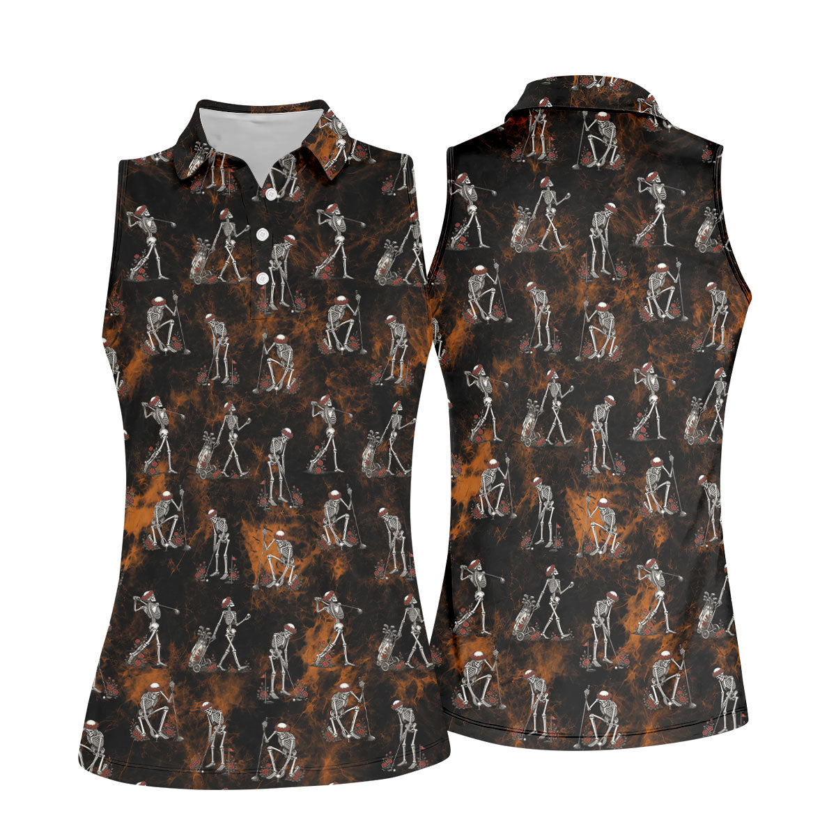 Skeleton Golfer Floral Halloween Polo Shirt, Hawaiian Golf Shirt, Ladies Golf Tops