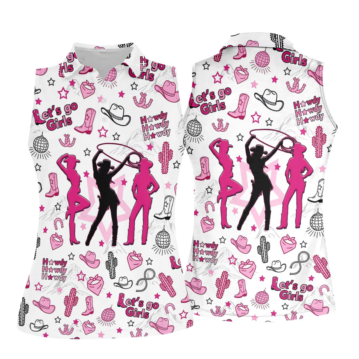 Pink Black Three Cowgirls Western Golf Polo Shirt, Women's Golf Polo, Ladies Golf Tops