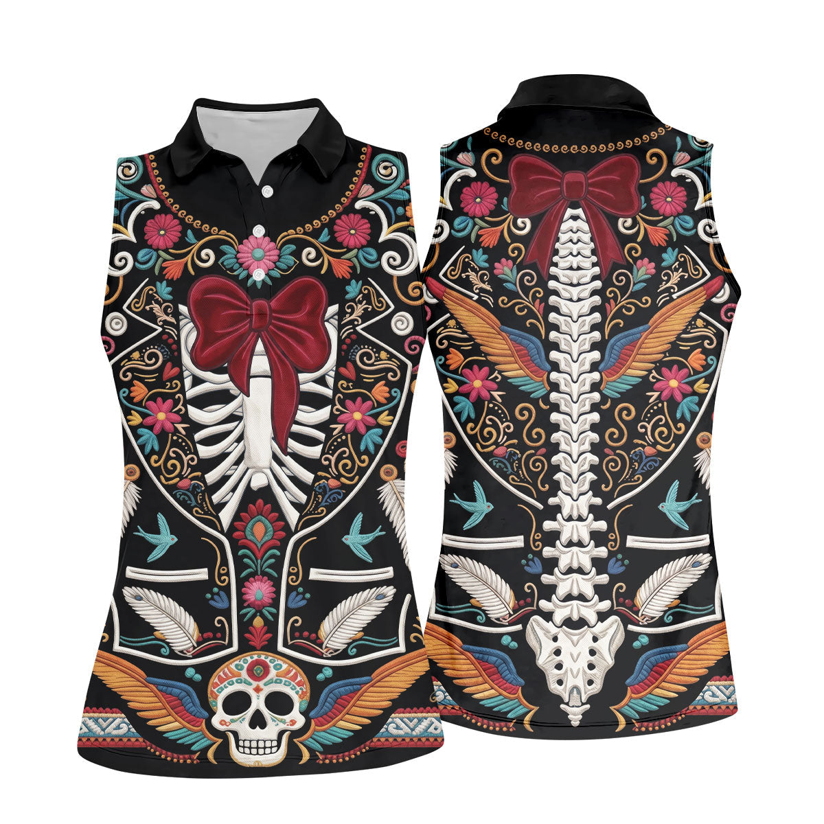 Skeleton With Flower Cinco De Mayo Celebration Ladies Golf Tops, Fiesta Theme Golf Shirt For Women