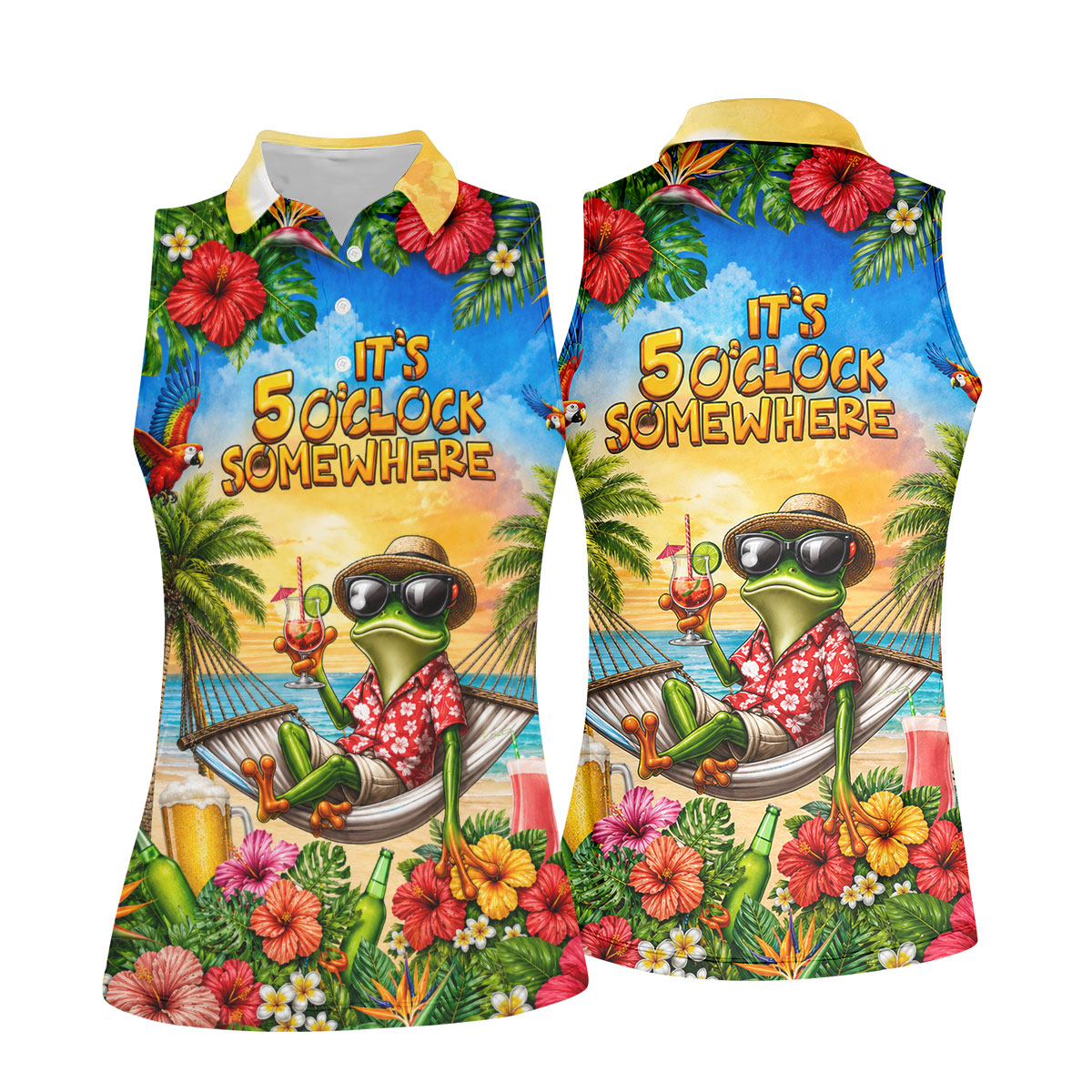 Funny Tropical Frog Drinking Hawaiian Golf Shirt, Golf Polo For Women, Printed Golf Shirt