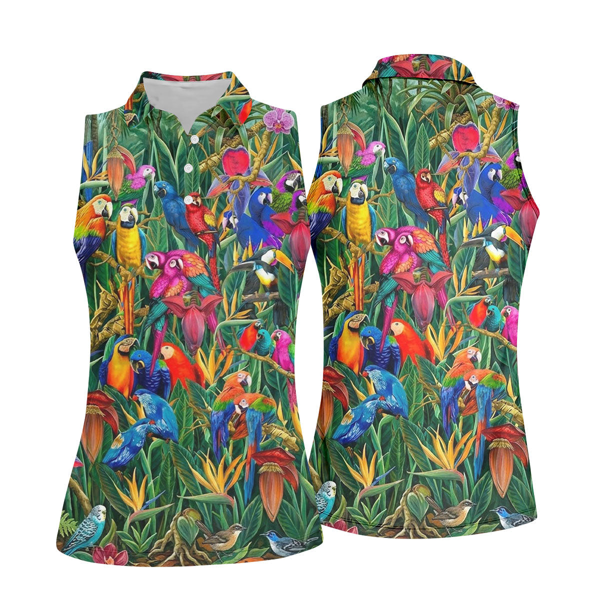 Tropical Colorful Parrots Rainforest Bird Print Golf Polo, Hawaiian Golf Shirt, Women's Golf Apparel