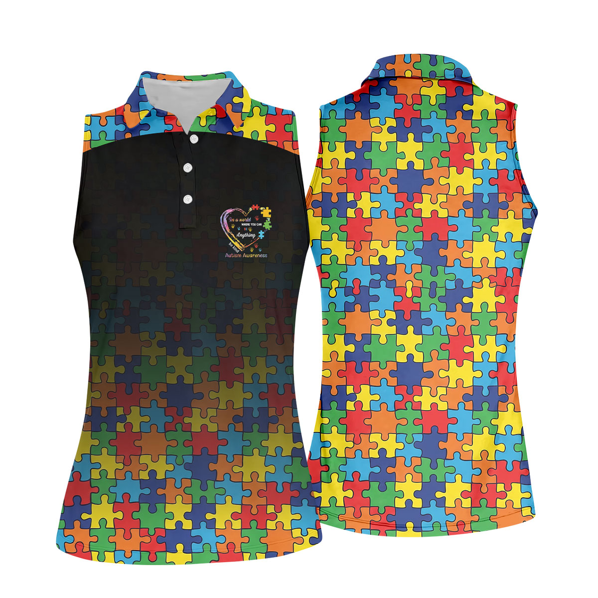 In A World Where You Can Be Anything Be Kind Autism Awareness Puzzle Pattern Black Fade Golf Shirt For Women
