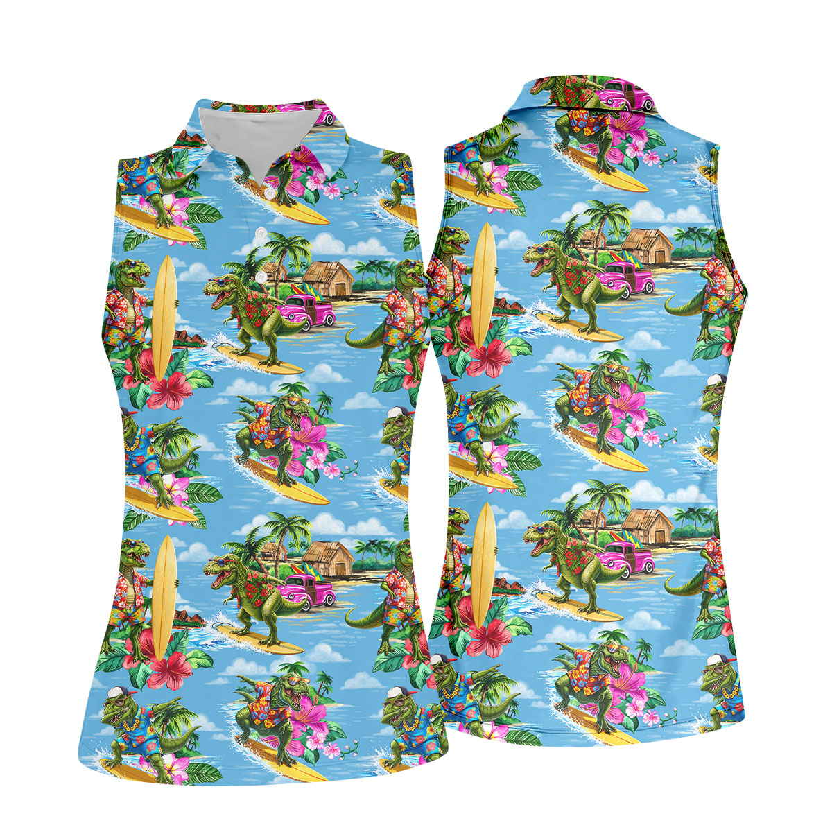 Hawaiian T Rex Surfboard Beach Hawaiian Golf Shirt, Golf Polo For Women, Printed Golf Shirt