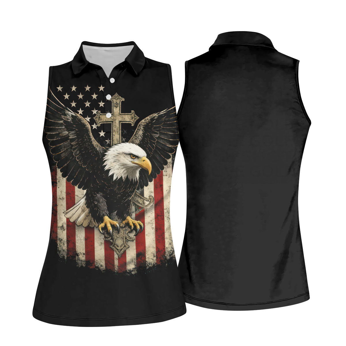 Faith Cross Bald Eagle And US Flag Black Golf Shirt, Patriotic 4th Of July Golf Shirt For Women