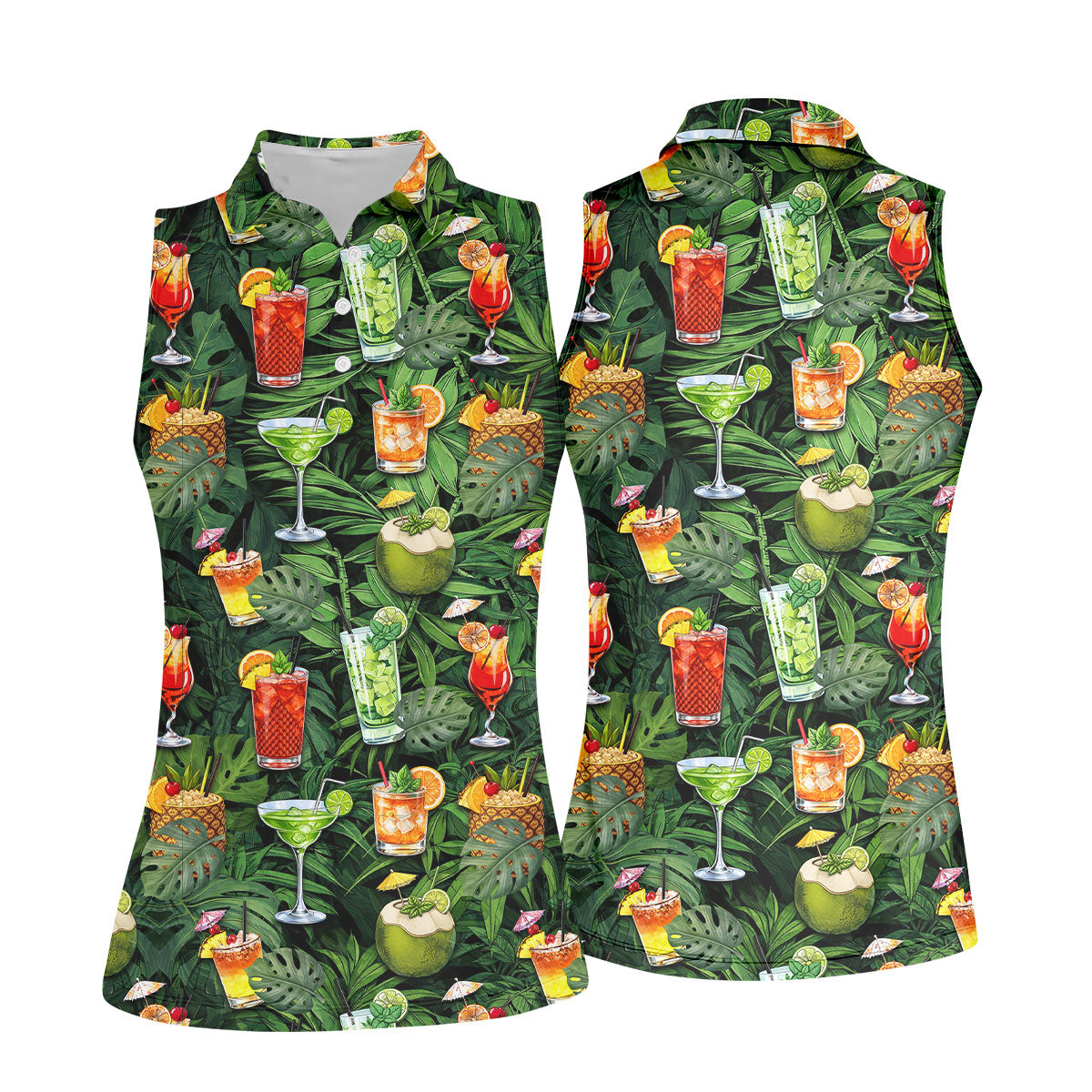 Tropical Cocktail Coconut And Palm Leaf Golf Polo, Hawaiian Golf Shirt, Golf Polo For Women