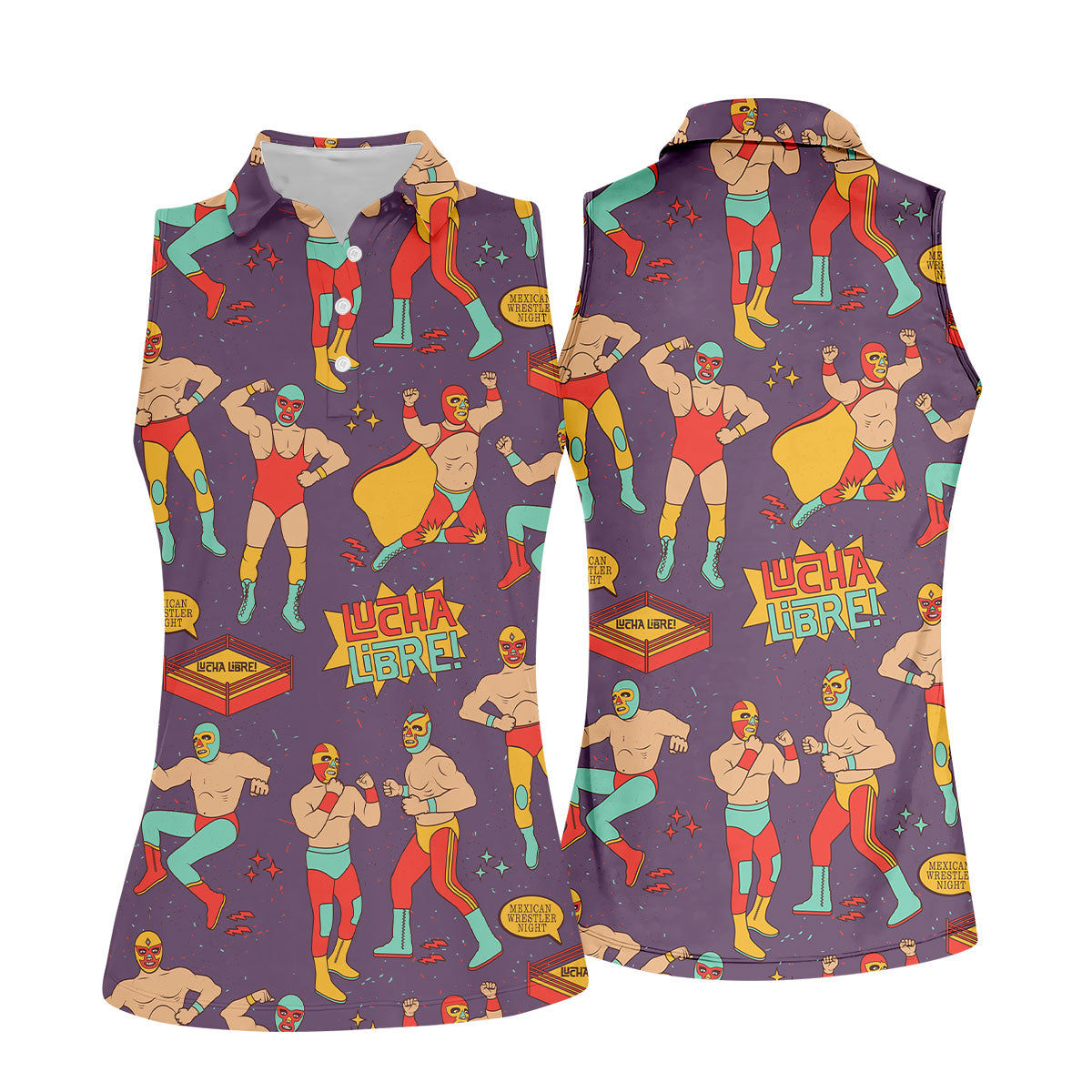 Purple Lucha Libre Mexican Wrestler Pattern Golf Shirt, Women’s Golf Polo, Ladies Golf Top