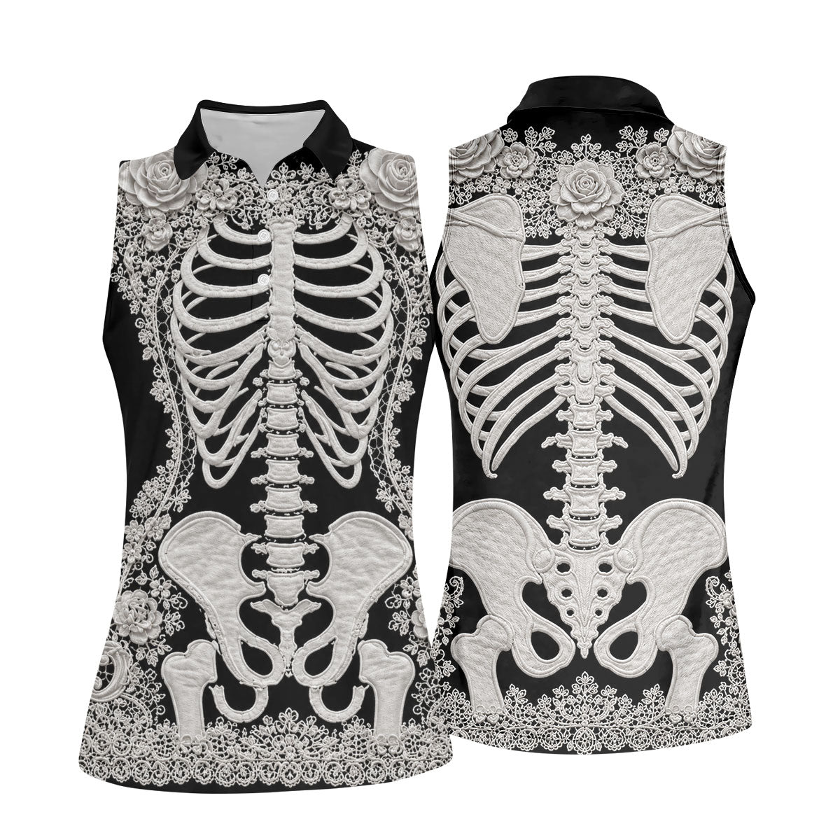 Floral Skeleton Halloween Golf Polo Shirt, Women’s Golf Polo, Golf Shirts For Women