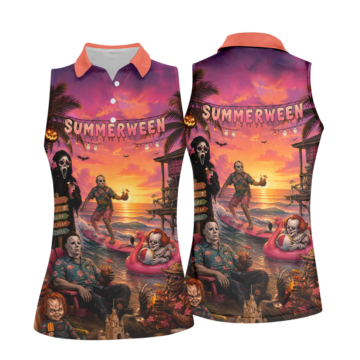Summerween Halloween Horror Character Golf Shirt, Golf Shirts For Women, Printed Golf Shirt