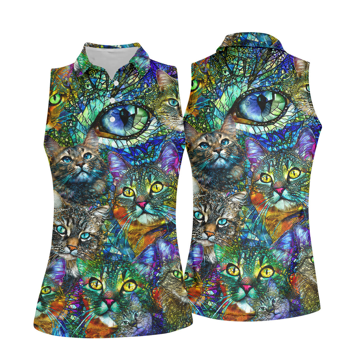 Colorful Stained Glass Cat Art Golf Polo Shirt, Golf Shirts For Women, Women's Golf Polo