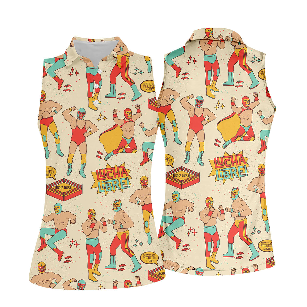 Beige Lucha Libre Mexican Wrestler Pattern Golf Shirt, Women's Golf Tops, Printed Golf Shirt