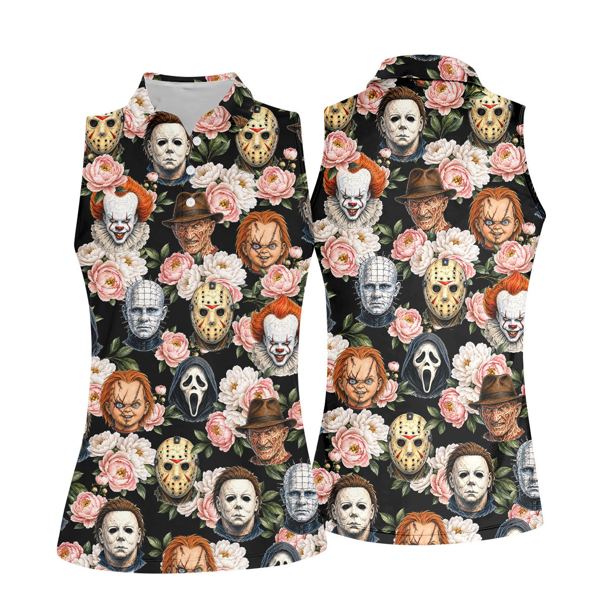 Horror Icons Floral Hawaiian Golf Shirt, Women's Golf Tops, Ladies Golf Shirts