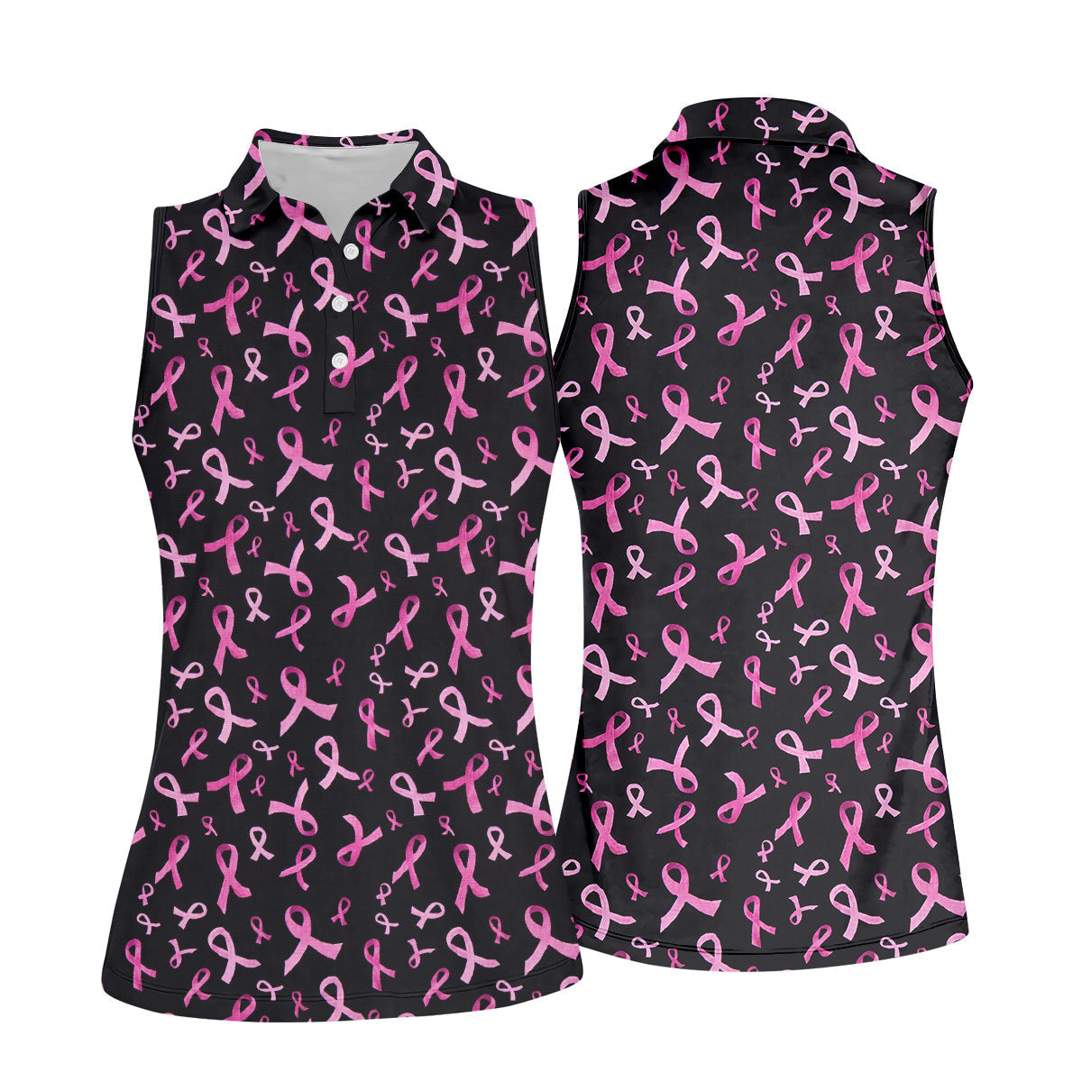 Watercolor Pink Ribbon Breast Cancer Polo Shirt, Golf Tops For Women, Printed Golf Shirt