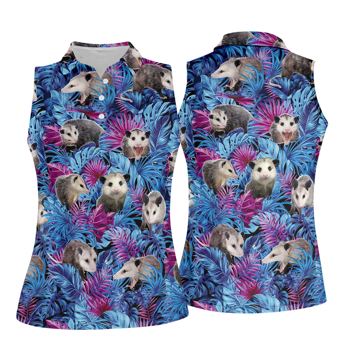 Funny Opossum Blue Purple Hawaiian Golf Shirt, Tropical Theme Golf Shirt For Women