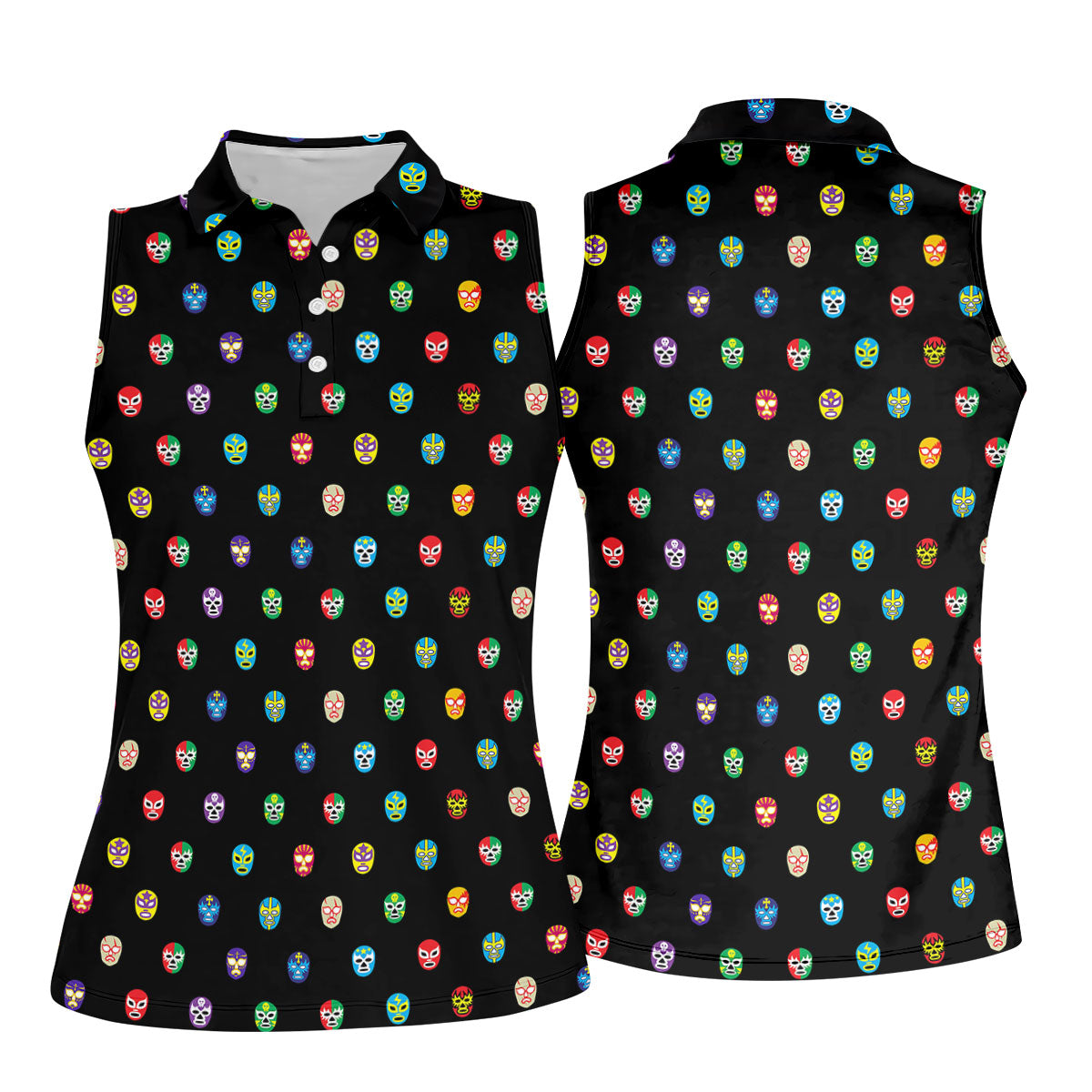 Colorful Retro Mask Print Golf Polo Shirt, Golf Shirts For Women, Women’s Golf Apparel