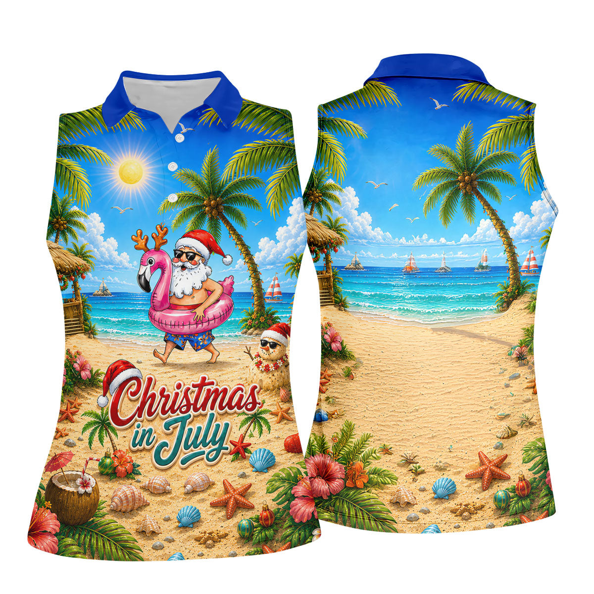 Santa Christmas In July Beach Golf Shirt, Christmas Golf Shirt, Women’s Golf Polo