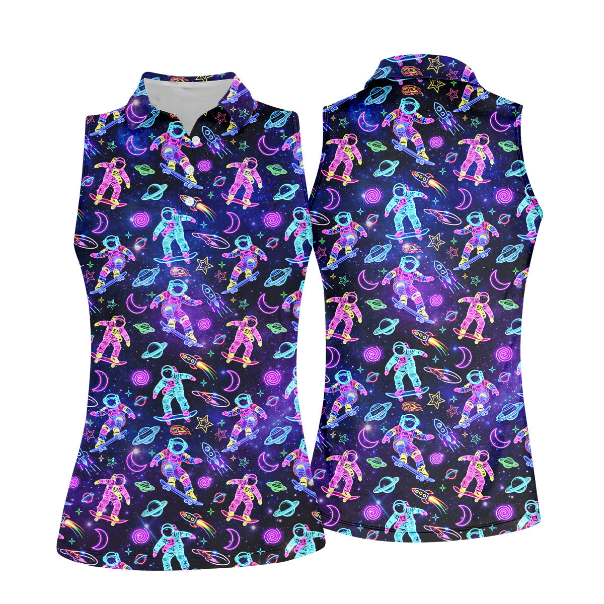 Neon Astronaut Skateboarding Galaxy Polo Shirt, Women’s Golf Polo, Golf Shirts For Women, Printed Golf Shirt