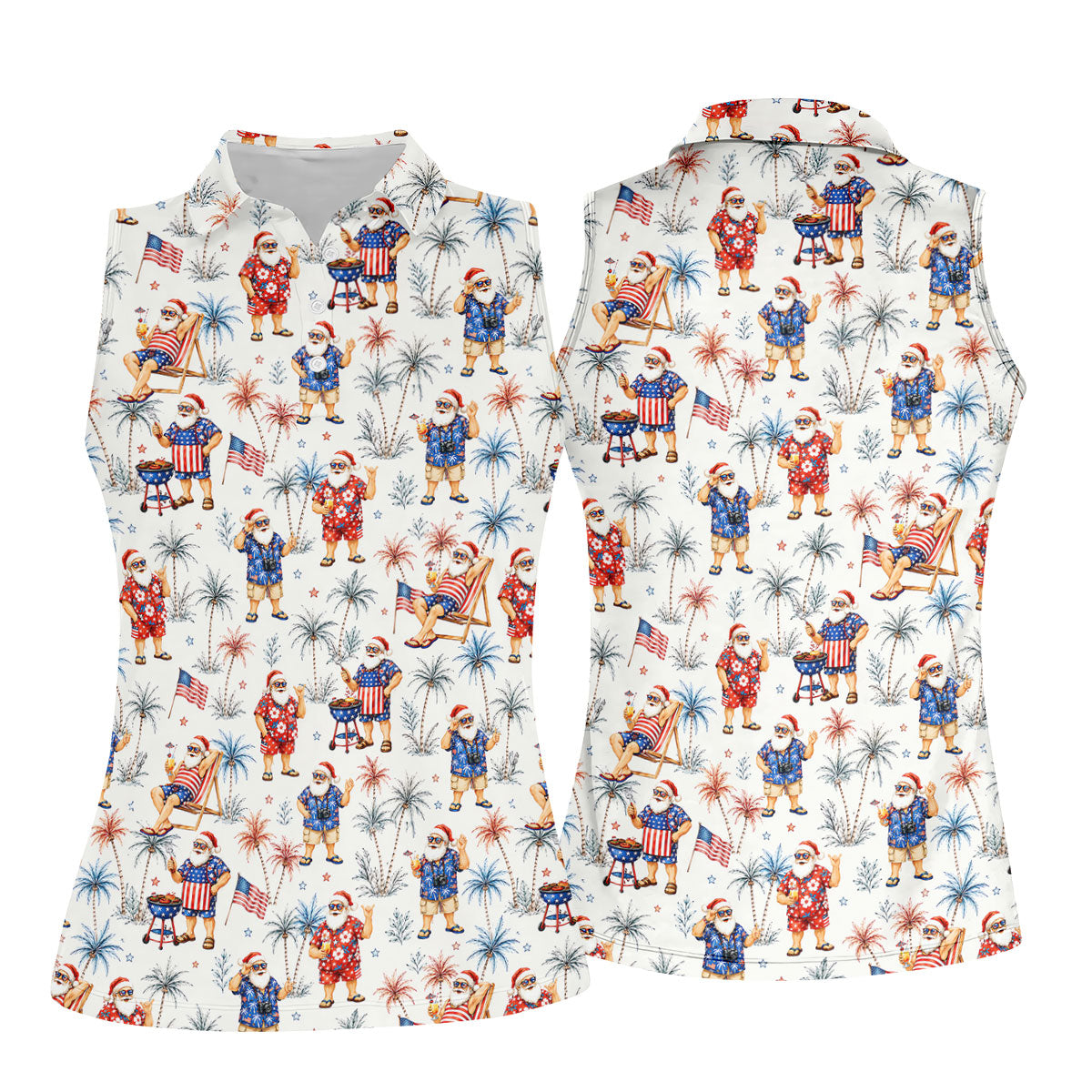 Patriotic Santa Tropical Christmas Polo Shirt, Womens Golf Polo, Hawaiian Golf Shirt