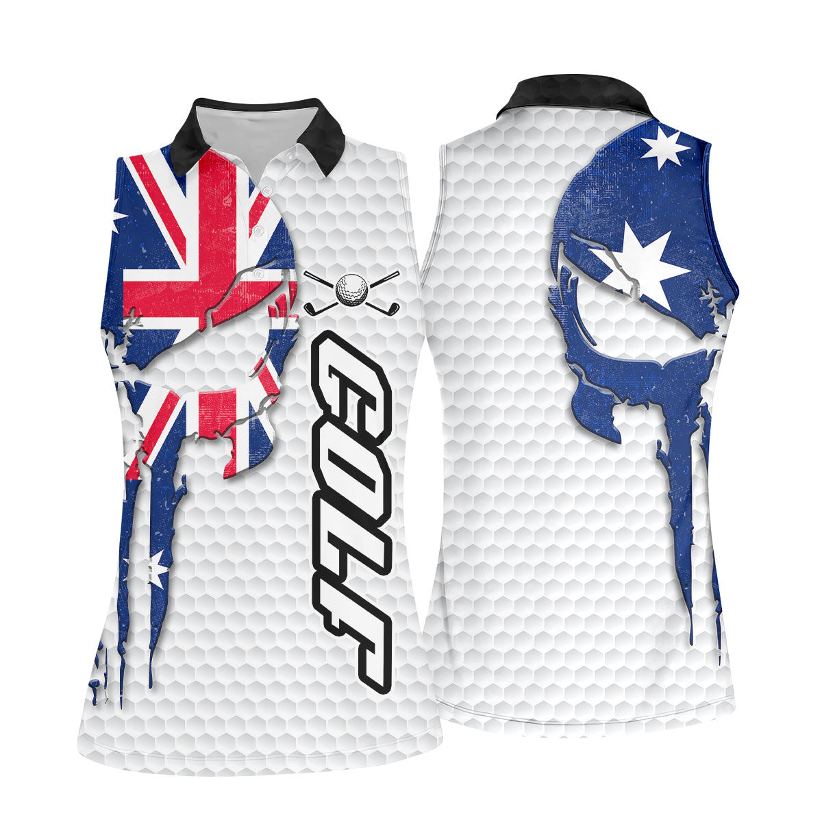 Cool Skull Golf Ball Pattern Australia Flag Print White Golf Shirt, Golf Shirt For Women