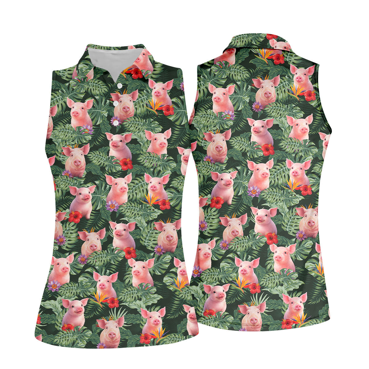 Cute Pig Tropical Monstera Hawaiian Golf Polo Shirt, Golf Shirts For Women, Women's Golf Apparel