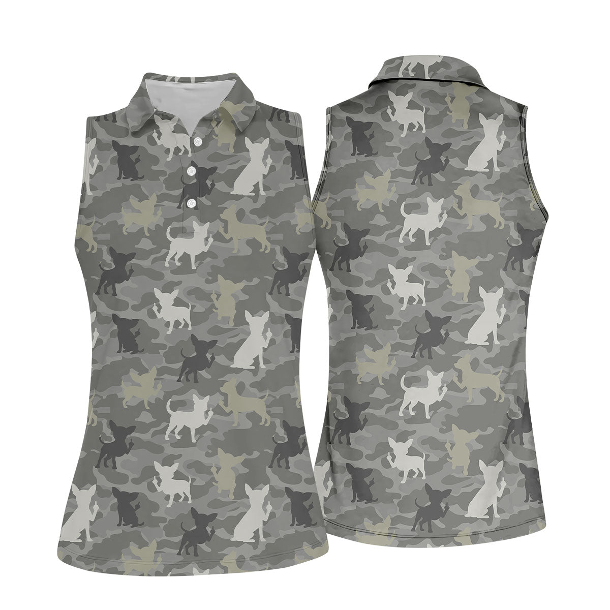Grey Camo Chihuahua Dog Pattern Golf Polo Shirt, Women's Golf Shirt, Ladies Polo Shirt, Womens Golf Top