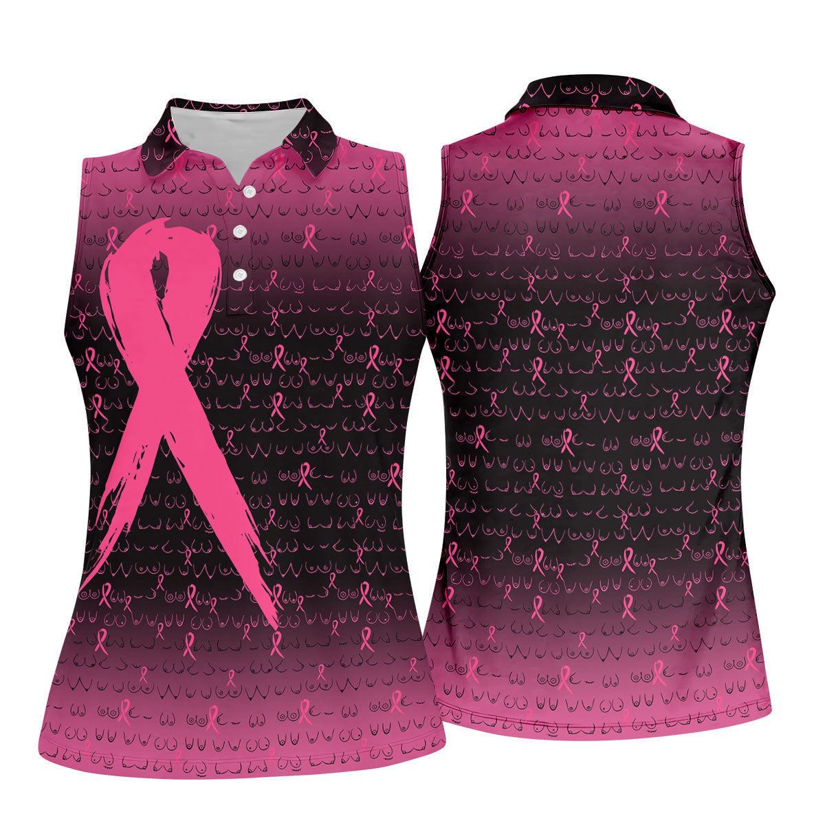 Pink Ribbon Boob Pattern Breast Cancer Polo Shirt, Ladies Golf Tops, Women’s Golf Polo