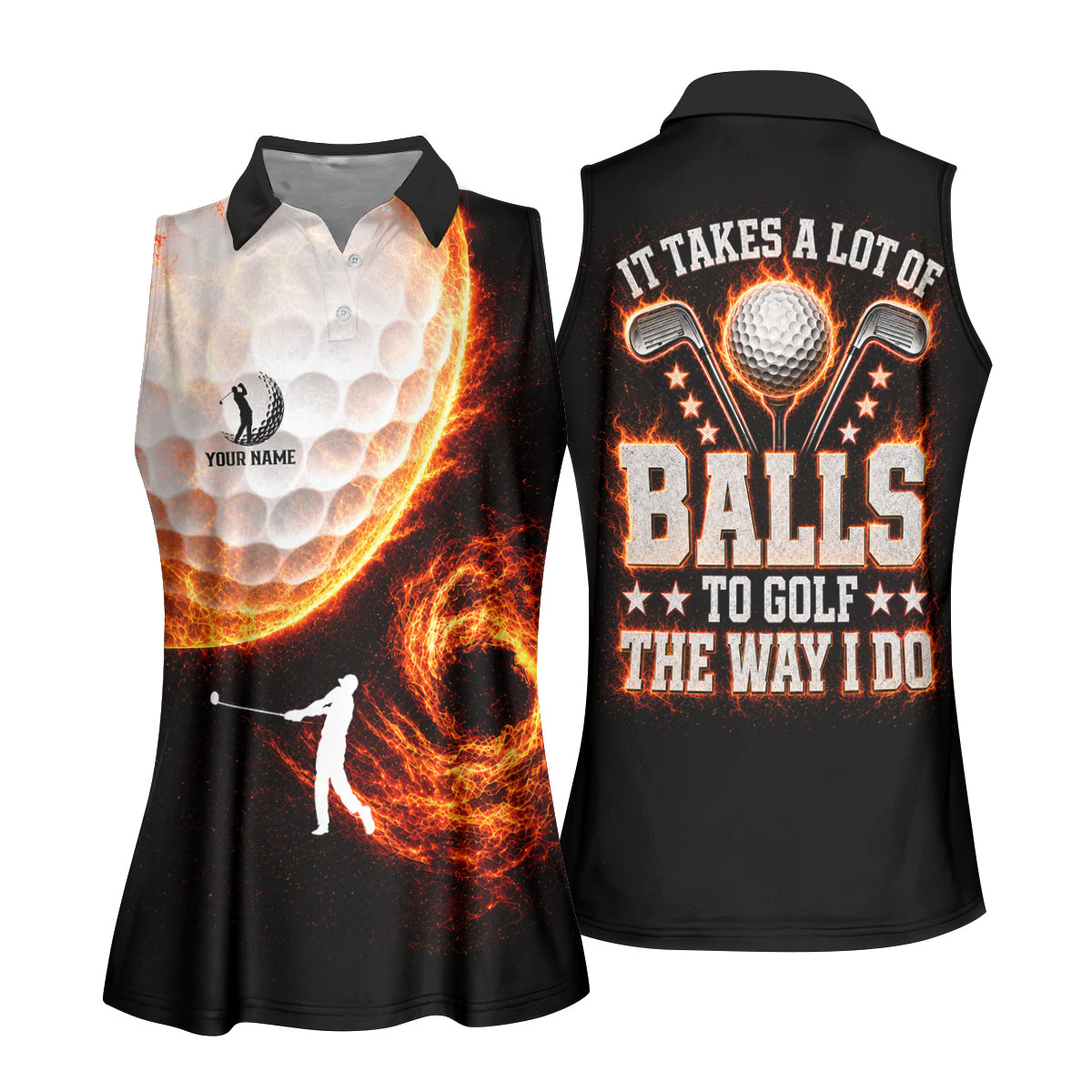 Custom Your Name Fire Golf Ball Polo Shirt, Golf Tops For Women, Women's Golf Apparel