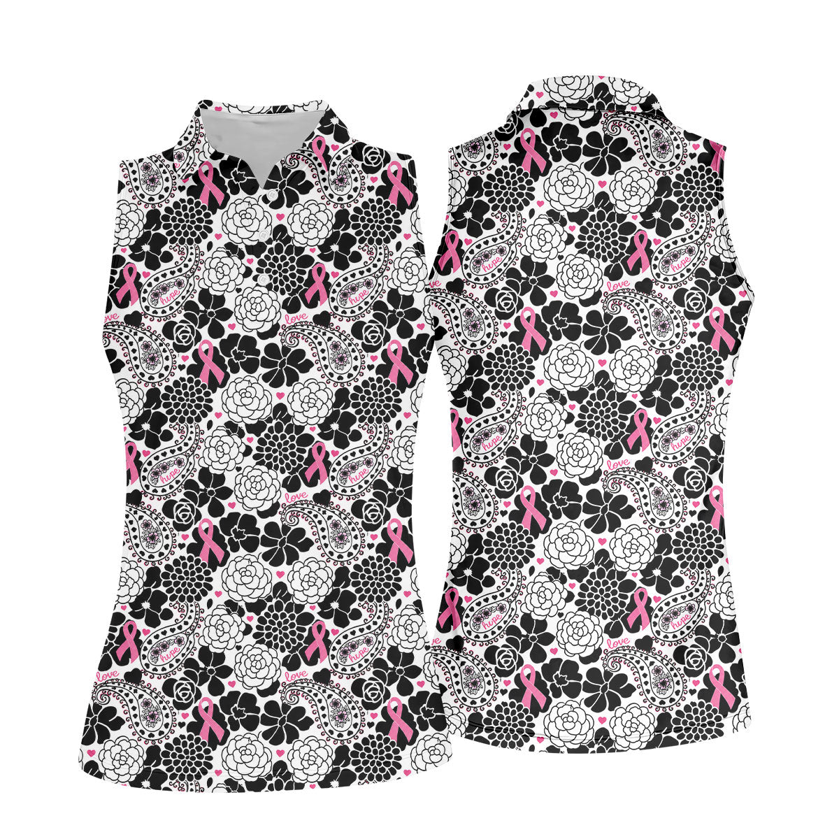 Pink Ribbon Floral Paisley Breast Cancer Golf Shirt, Women’s Golf Tops, Ladies Golf Shirts