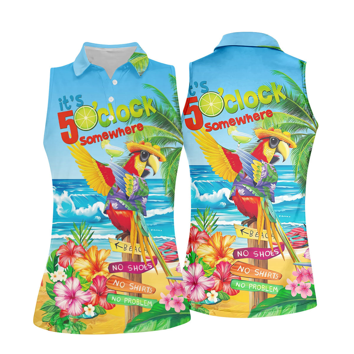 It's 5 O'Clock Somewhere Tropical Parrot Hawaiian Golf Shirt, Women's Golf Tops