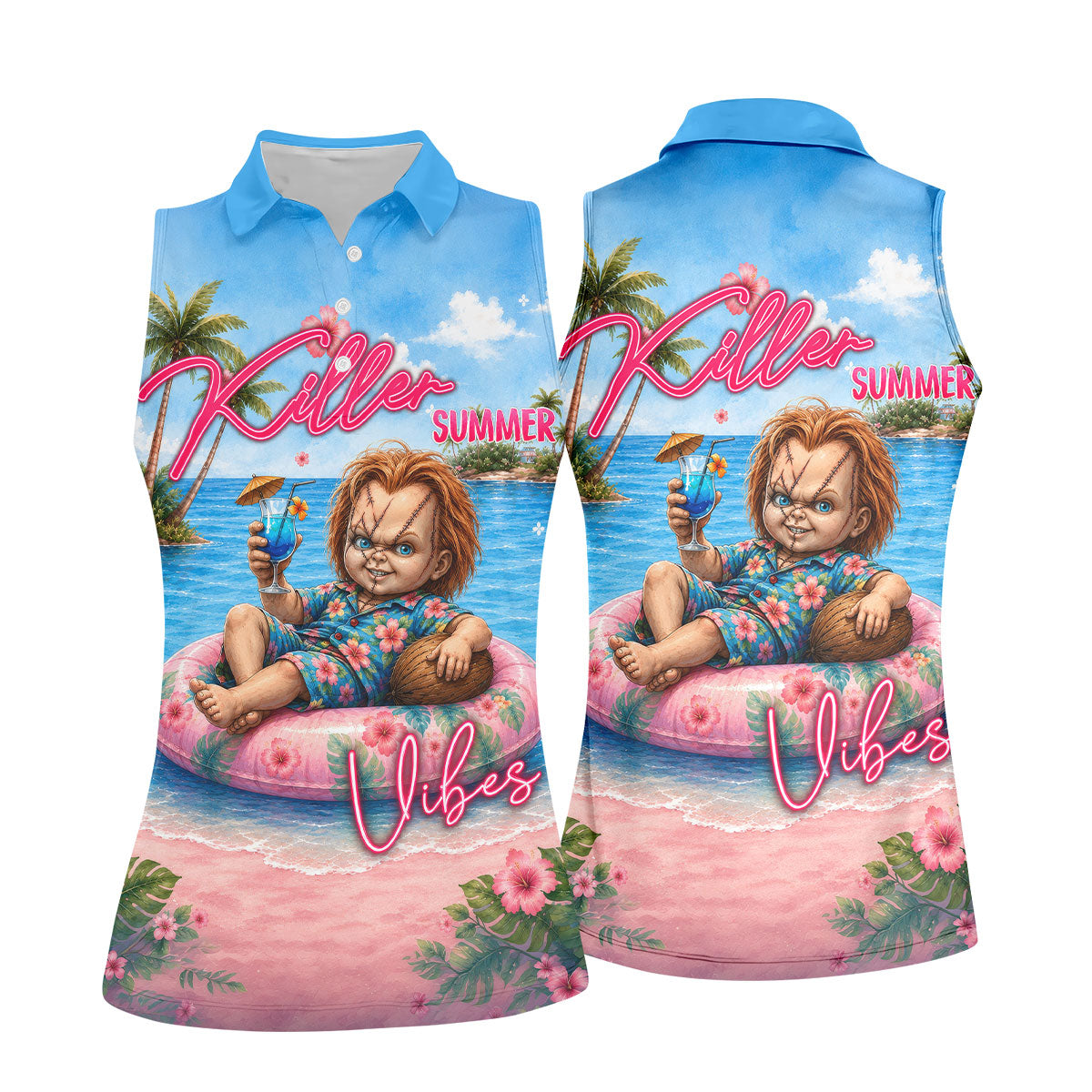 Killer Summer Vibes Evil Doll Golf Polo Shirt, Ladies Golf Shirts, Golf Polo For Women
