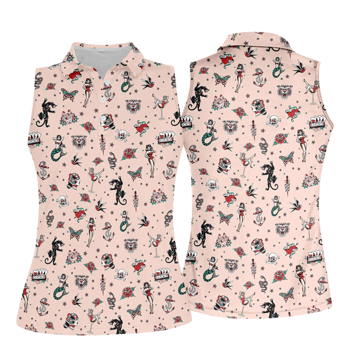 Vintage Tattoo Flash Icon Golf Polo Shirt, Golf Shirts For Women, Women's Golf Apparel