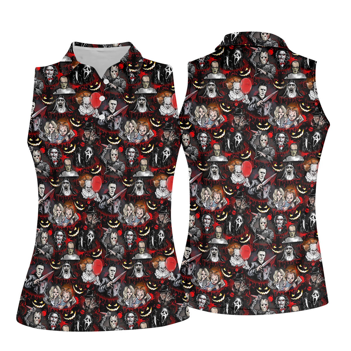 Horror Character Halloween Pattern Golf Polo Shirt, Womens Golf Polo, Ladies Golf Shirts