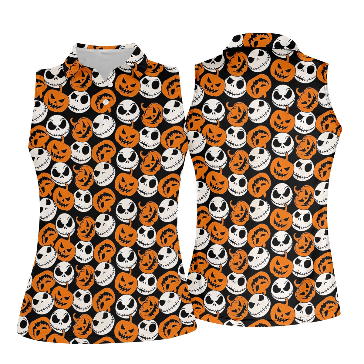 Halloween Skull Pumpkin Pattern Golf Polo Shirt, Ladies Golf Tops, Golf Shirts For Women