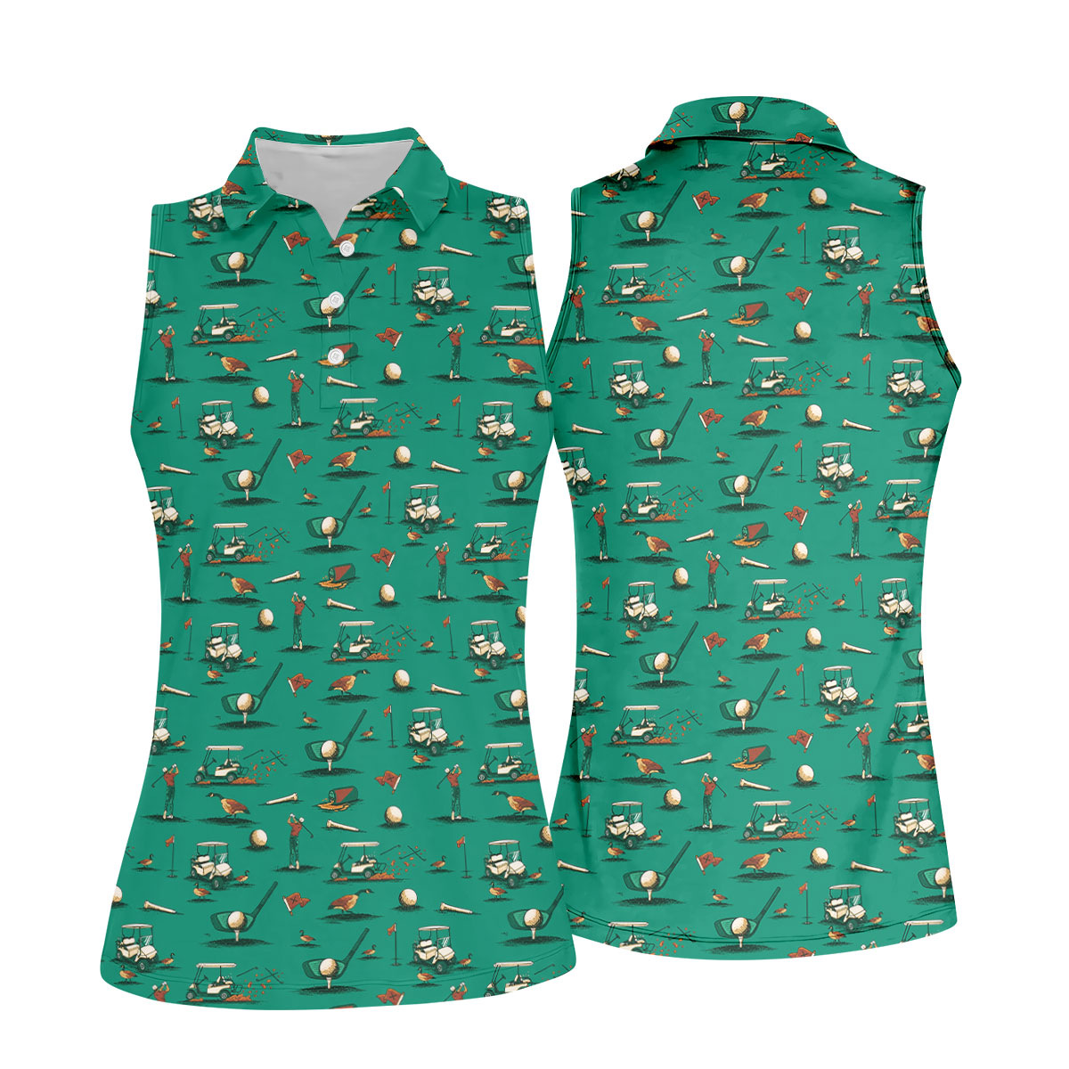 Funny Goose Golf Cart Pattern Green Polo Shirt, Womens Golf Tops, Golf Polo For Women