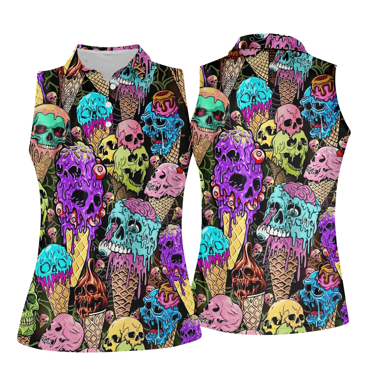 Melting Skull Ice Cream Halloween Golf Shirt, Golf Shirts For Women, Women's Golf Apparel