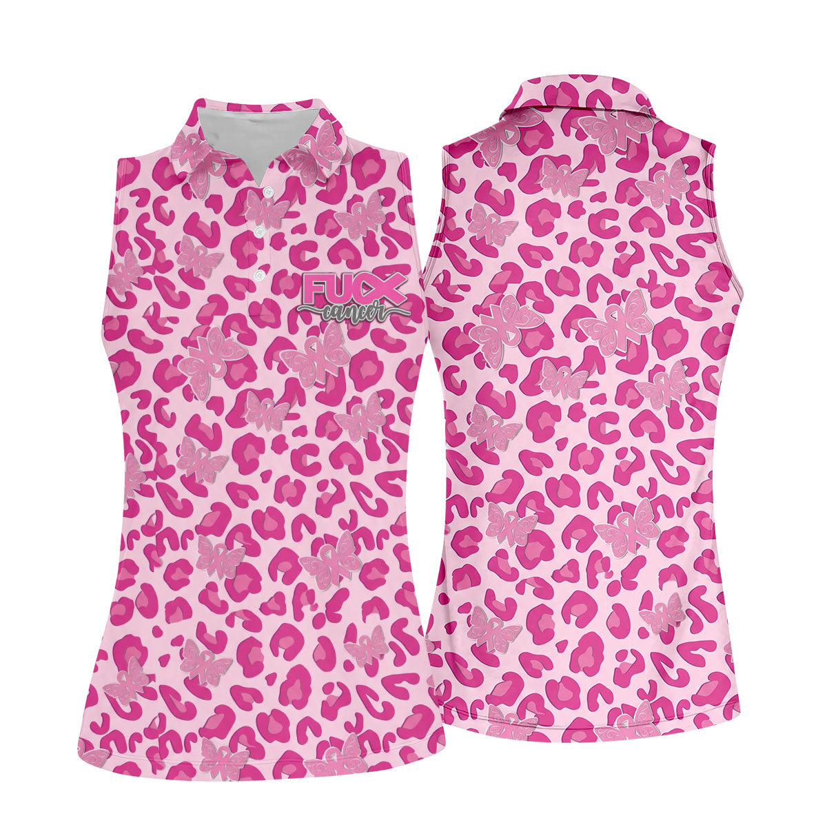 F*ck Cancer Leopard Butterfly Breast Cancer Polo Shirt, Women’s Golf Polo, Ladies Golf Top