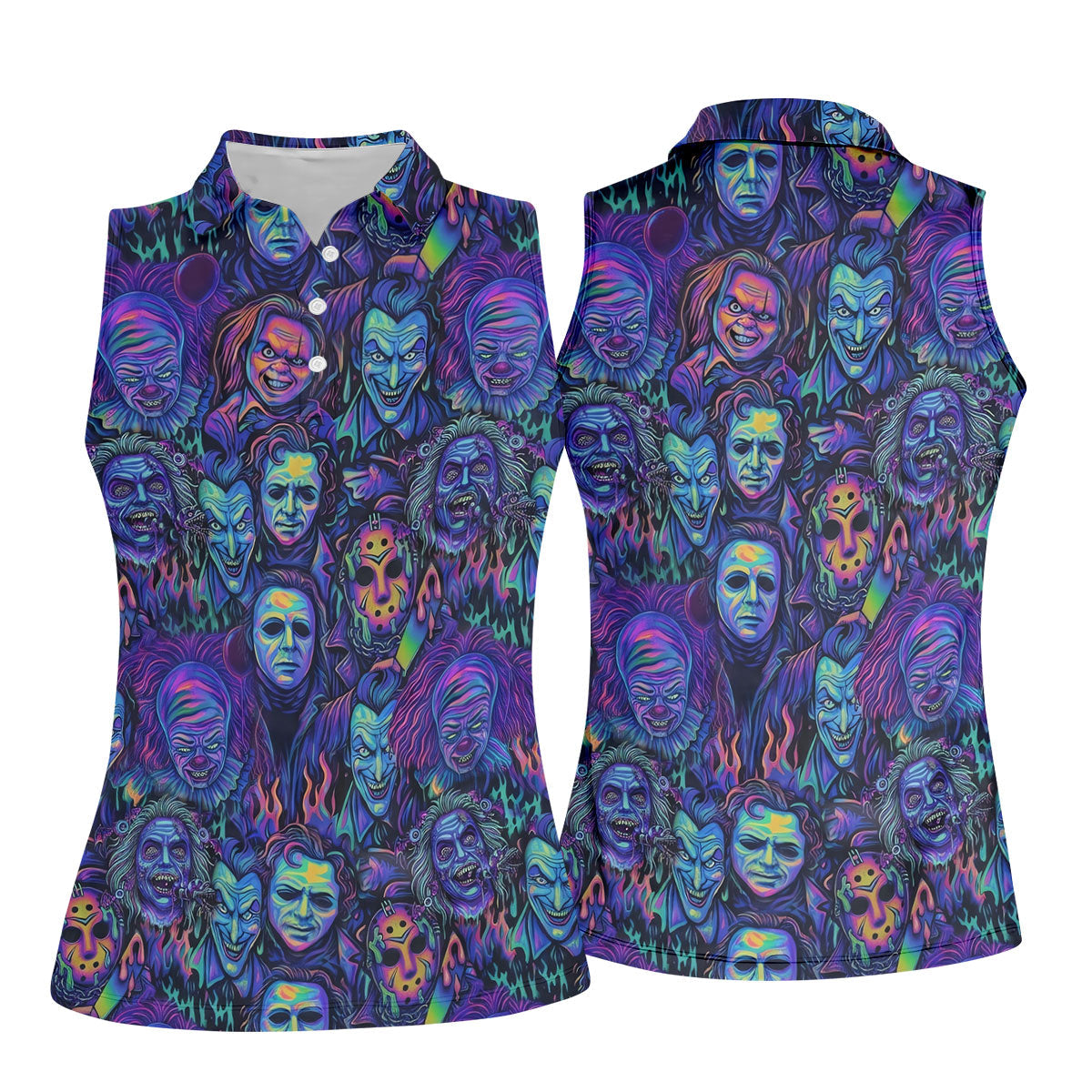 Neon Horror Character Villains Halloween Golf Shirt, Women's Golf Polo, Ladies Golf Tops