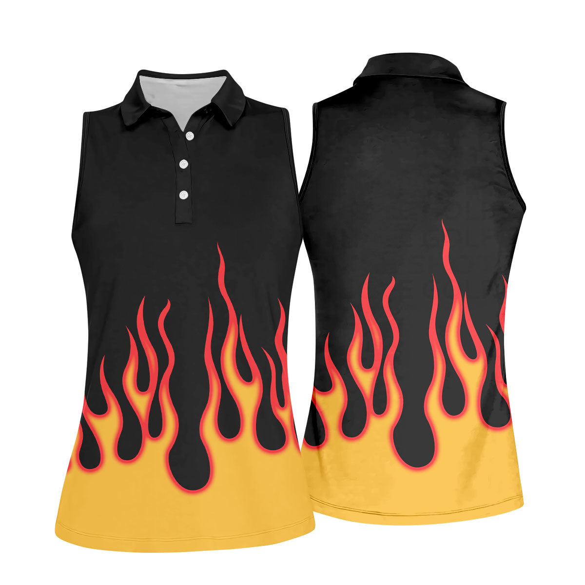 Black Red Yellow Flame Sleeve Golf Shirt, Hawaiian Golf Shirt, Golf Tops For Women