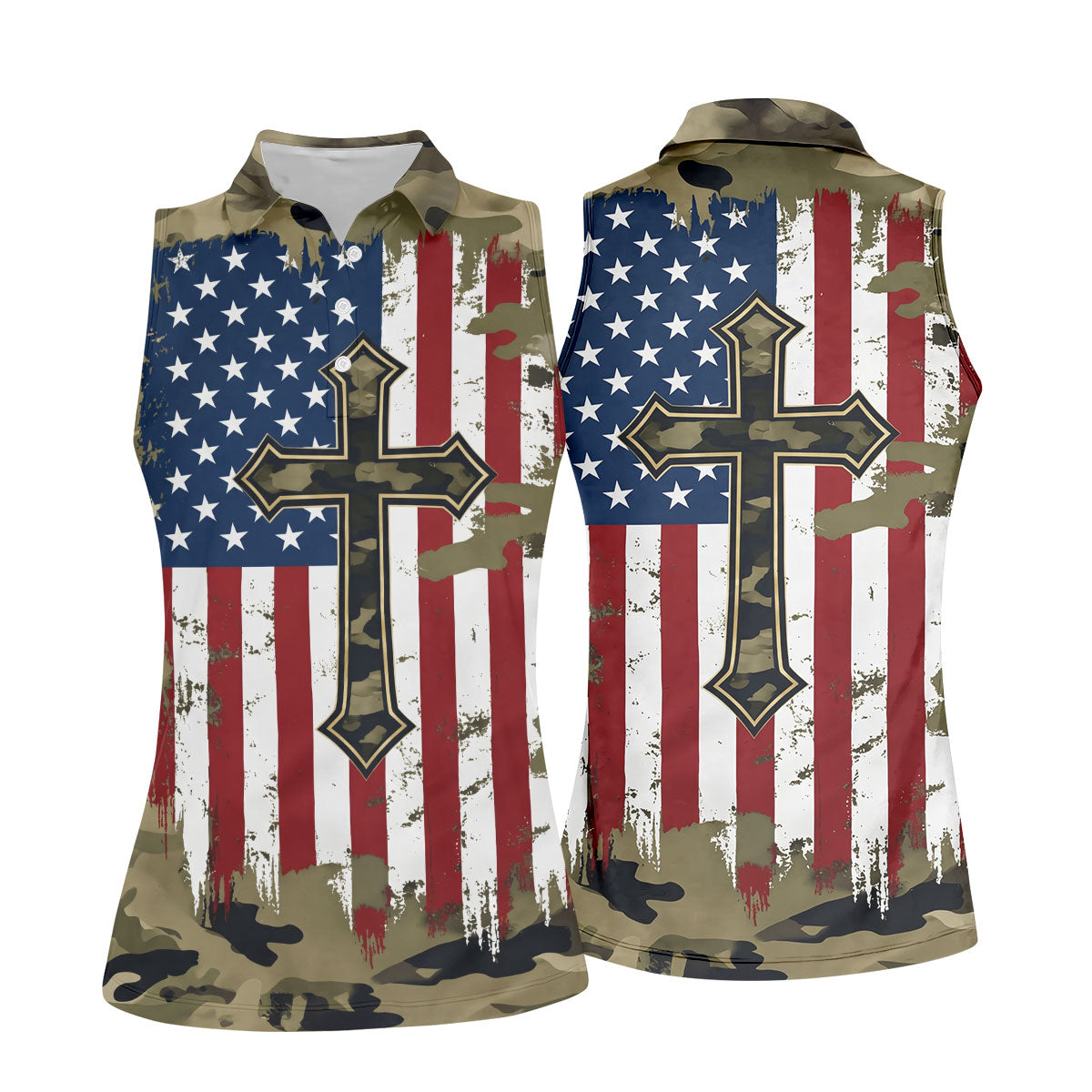 Faith Cross Green Camouflage US 250th Anniversary Golf Shirt, Patriotic Golf Shirt, Golf Shirts For Women