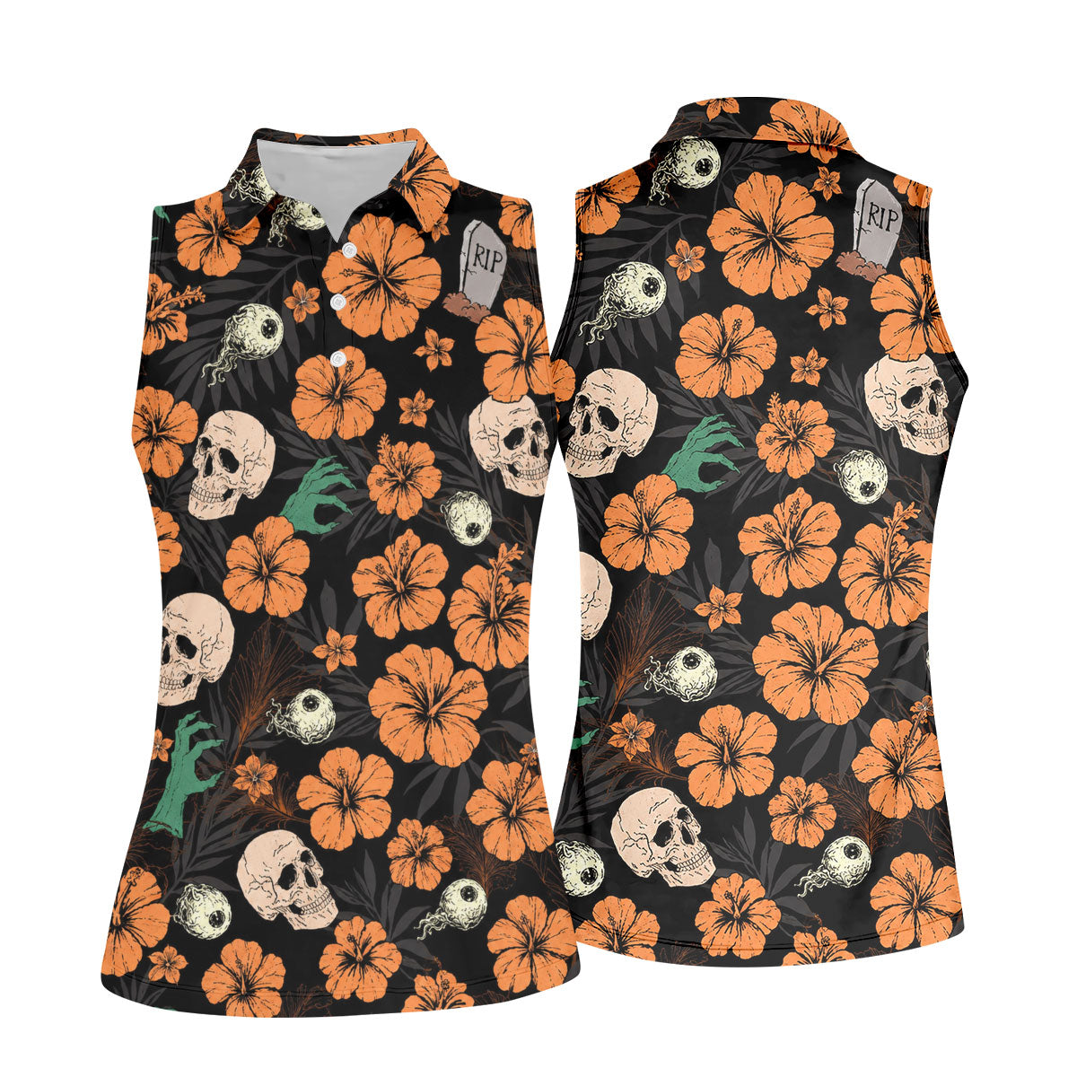 Halloween Skull Hibiscus Floral Pattern Golf Polo Shirt, Ladies Golf Shirts, Golf Polo For Women