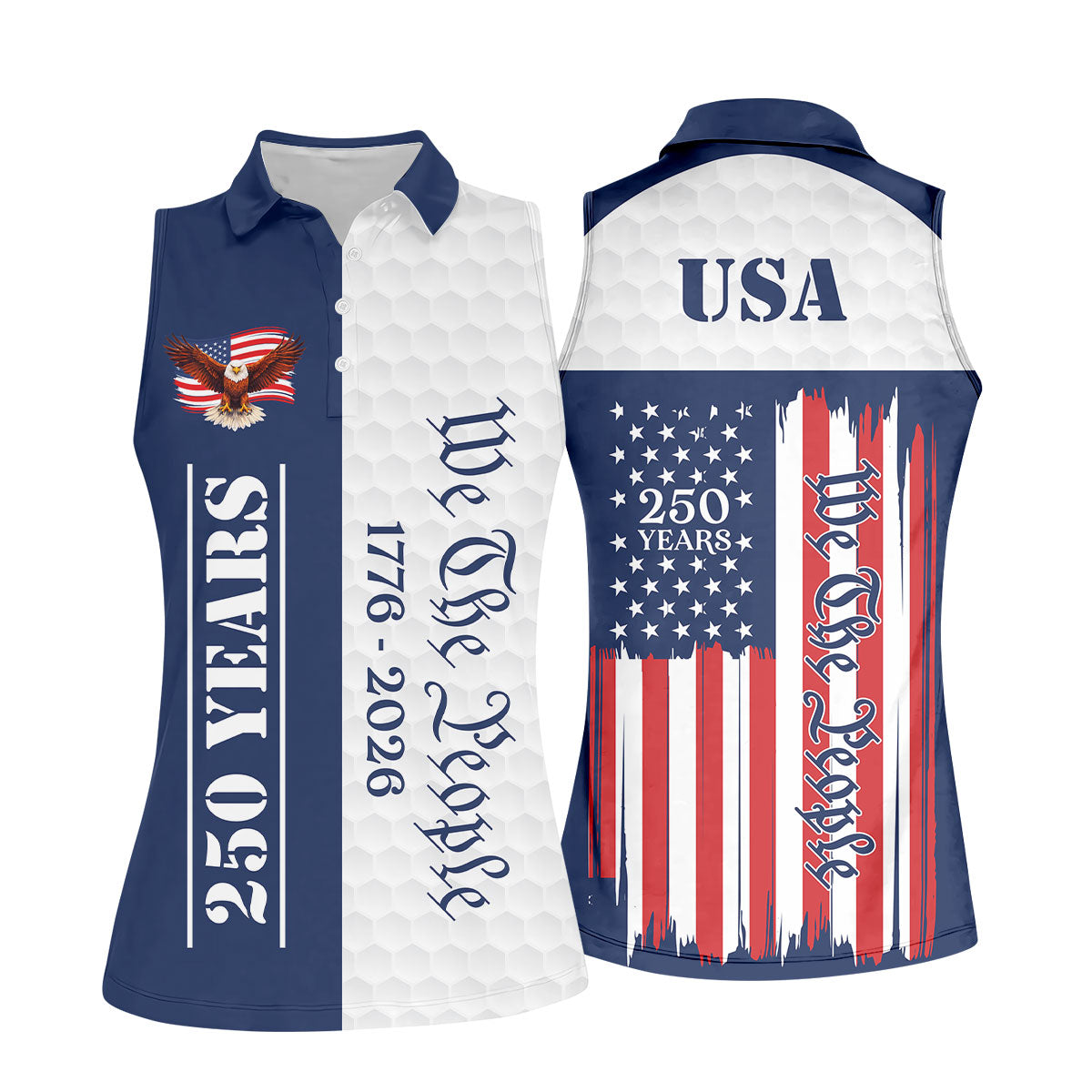 We The People Bald Eagle US Flag Golf Ball Pattern 250 Years Patriotic 4th Of July Golf Shirt For Women