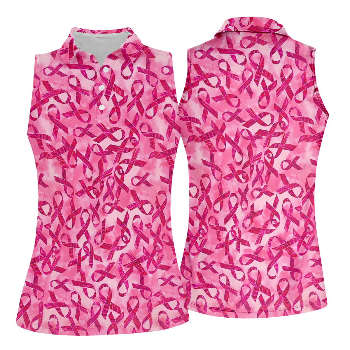 Pink Ribbon Breast Cancer Pattern Polo Shirt, Ladies Golf Shirt, Golf Tops For Women